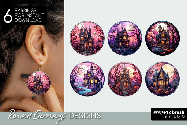Halloween Earrings Sublimation Spooky House Stained Glass Sublimation OrangeBrushStudio 