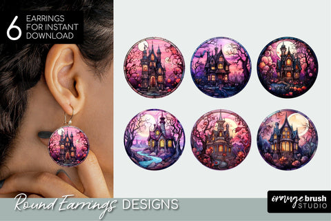 Halloween Earrings Sublimation Spooky House Stained Glass Sublimation OrangeBrushStudio 