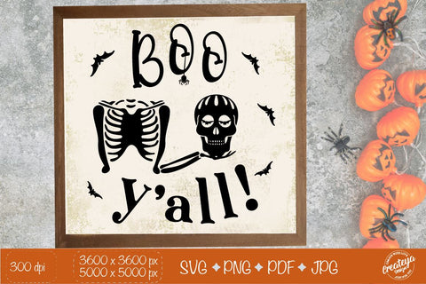 Halloween farmhouse round sign SVG, Boo y’all, with skeleton bones, Halloween sign SVG SVG Createya Design 