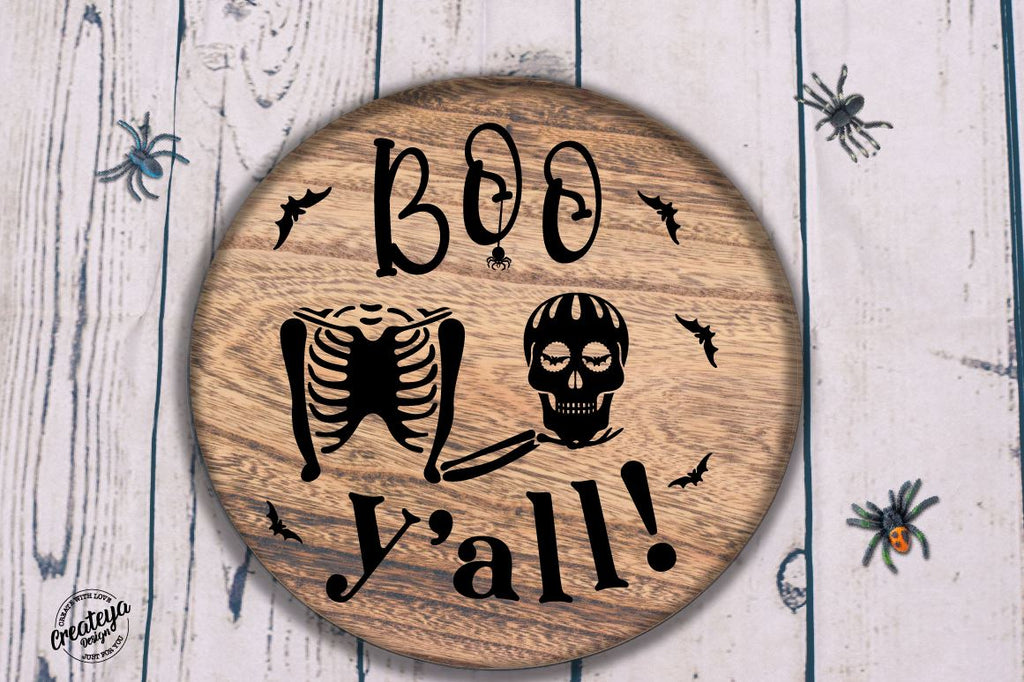 Halloween farmhouse round sign SVG, Boo y’all, with skeleton bones ...