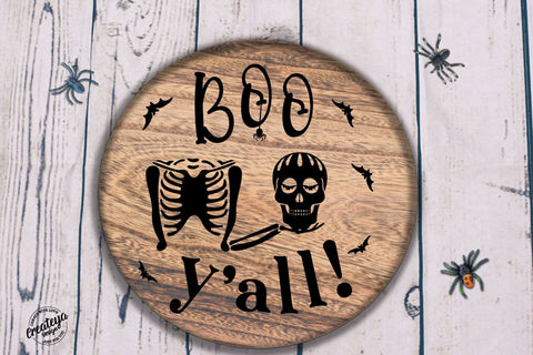 Halloween farmhouse round sign SVG, Boo y’all, with skeleton bones, Halloween sign SVG SVG Createya Design 