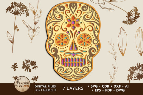 HALLOWEEN, FLORAL SKULL Multilayer Laser Cut Files, Paper Craft, Mandala, 3D Designs SVG LaserCutano 
