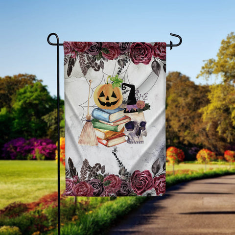 Halloween Garden Flag SUBLIMATION PNG, Witch Digital Download, Sublimation Garden Flag, Orange Floral Pumpkins, Skull Bats Spider 5-X-HAL033 Sublimation CaldwellArt 