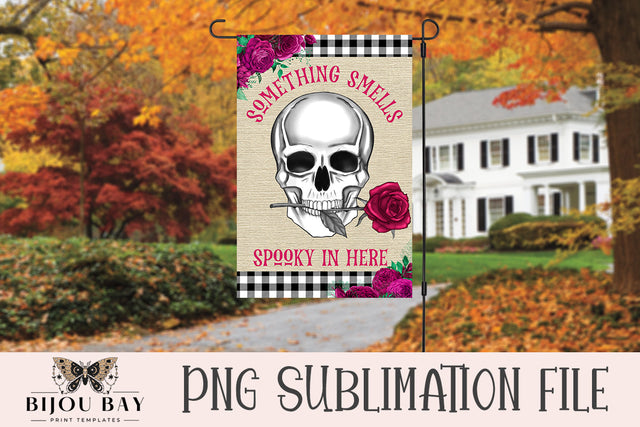 Halloween Garden Flag Sublimation Template - Burlap, Skull & Roses Sublimation BijouBay 
