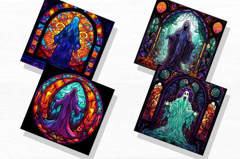 Halloween Ghosts Stained Glass Clipart Png Bundle Sublimation Regulrcrative 