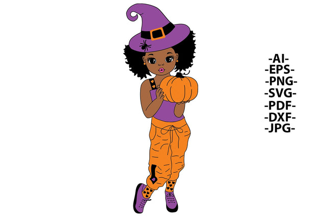 Halloween Girl Svg, Afro Girl Svg, Hat, Halloween Svg, Pumpkin Svg, Halloween Dress, Puff Hair, Pink lips, Cute Little Kid, Svg Cut Files SVG 1uniqueminute 