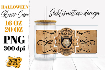 Halloween Glass Can. Black Cat hisses halloween potion label Sublimation Yustaf Art Store 