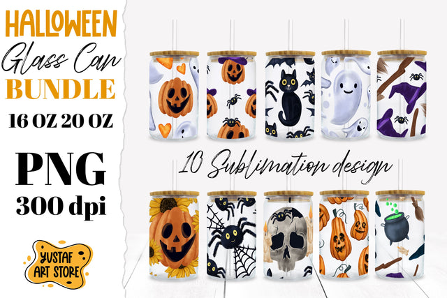 Halloween Glass Can sublimation Bundle. 10 hand painted PNG Sublimation Yustaf Art Store 