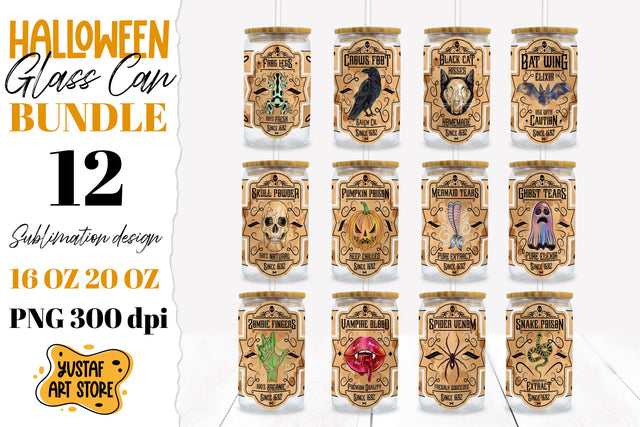 Halloween Glass Can sublimation Bundle. 12 PNG Potion Labels Sublimation Yustaf Art Store 