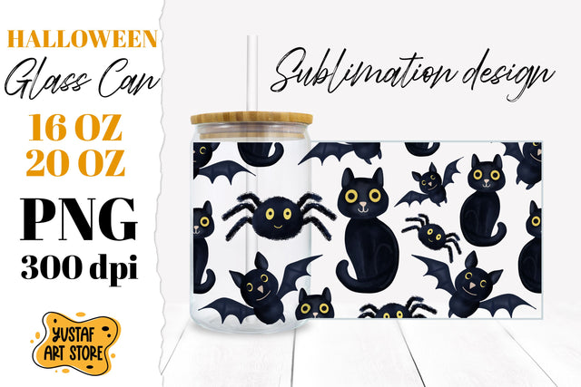 Halloween Glass Can sublimation design. Cat, Bat and Spider Sublimation Yustaf Art Store 