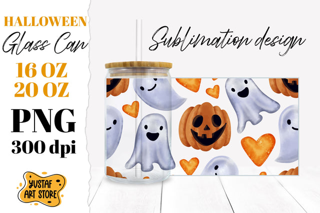 Halloween Glass Can sublimation design. Cute Ghost & Pumpkin Sublimation Yustaf Art Store 