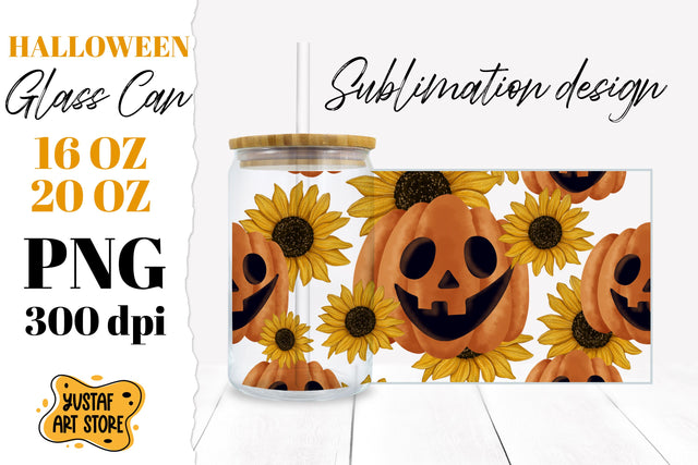 Halloween Glass Can sublimation design. Pumpkin & Sunflowers Sublimation Yustaf Art Store 