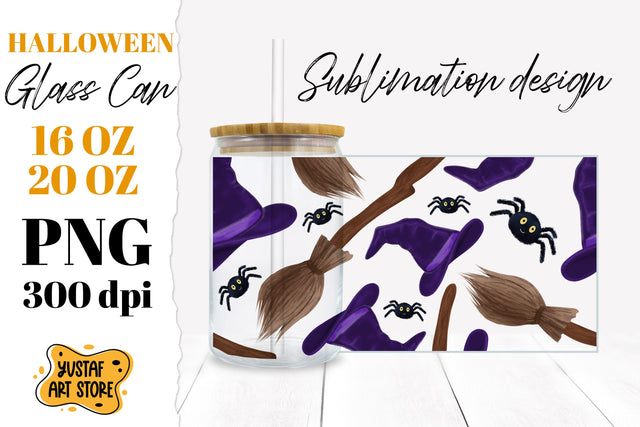 Halloween Glass Can sublimation. Halloween Witch design Sublimation Yustaf Art Store 