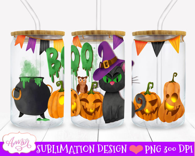 Halloween glass can wrap for sublimation | Black cat PNG Sublimation Amorclipart 