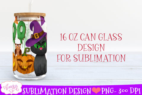Halloween glass can wrap for sublimation | Black cat PNG Sublimation Amorclipart 