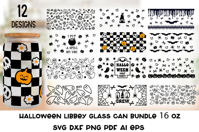 Halloween Glass Wrap Bundle. Halloween Pattern. Can Glass. SVG Samaha Design 