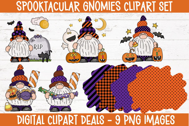 Halloween Gnomes Clipart Set - Whimsical Spooky Graphics, DIY Crafts, Digital Download Sublimation Digital Clipart Deals 