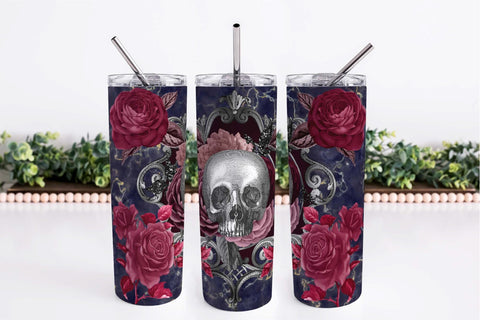 Halloween Gothic Skinny Tumbler Wrap 20 Oz Skull And Roses Sublimation OrangeBrushStudio 