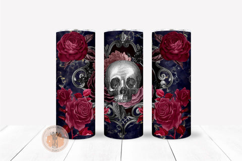 Halloween Gothic Skinny Tumbler Wrap 20 Oz Skull And Roses Sublimation OrangeBrushStudio 