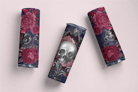 Halloween Gothic Skinny Tumbler Wrap 20 Oz Skull And Roses Sublimation OrangeBrushStudio 