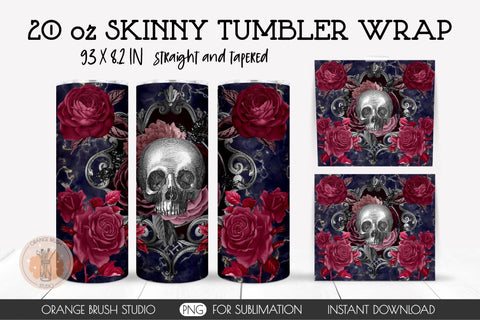 Halloween Gothic Skinny Tumbler Wrap 20 Oz Skull And Roses Sublimation OrangeBrushStudio 