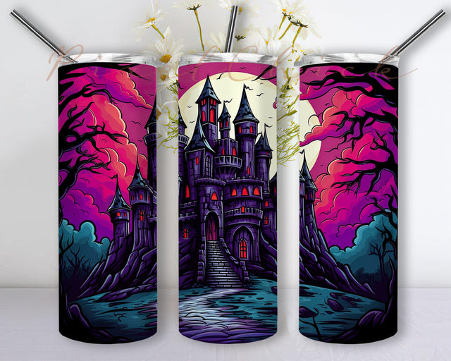 Halloween Haunted House 20oz Skinny Tumbler Png, Cartoon Coverart Landscape Illustration Of A Spooky Castle, Halloween House Tumbler, Bat Halloween Tumbler Sublimation PixelChick 