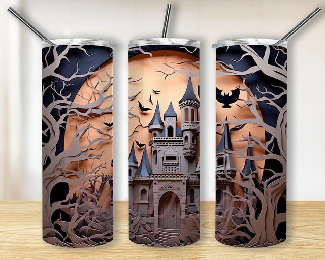 Halloween Haunted House 20oz Skinny Tumbler Png, Halloween Castle And Bats Paper Cut Art Tumbler, Halloween House Tumbler, Bat Halloween Tumbler Sublimation BouDesign 