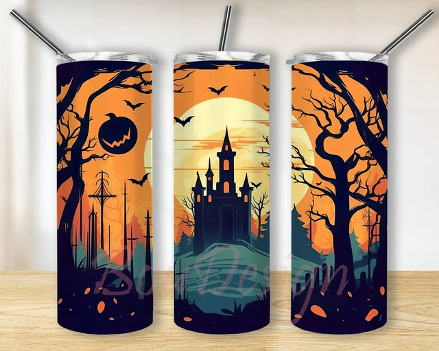Halloween Haunted House 20oz Skinny Tumbler Png, Pumpkin Tumbler, Halloween House Tumbler, Bat Halloween Tumbler, Haunted House Tumbler Wrap Designs Sublimation BouDesign 