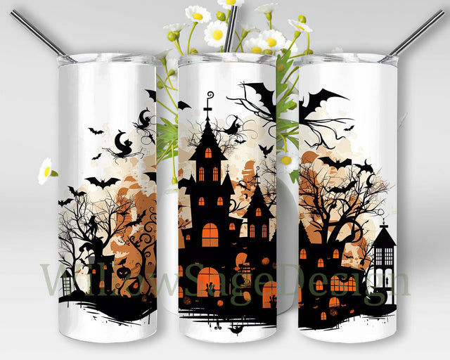 Halloween Haunted House 20oz Skinny Tumbler Png, Pumpkin Tumbler, Halloween House Tumbler, Bat Halloween Tumbler, Haunted House Tumbler Wrap Designs Sublimation WillowSageDesign 
