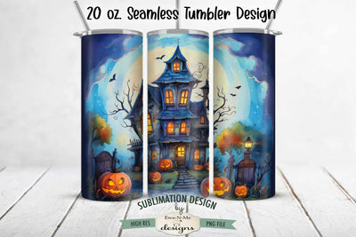 Halloween Haunted House Blue 20 oz Seamless Tumbler Design Sublimation Ewe-N-Me Designs 