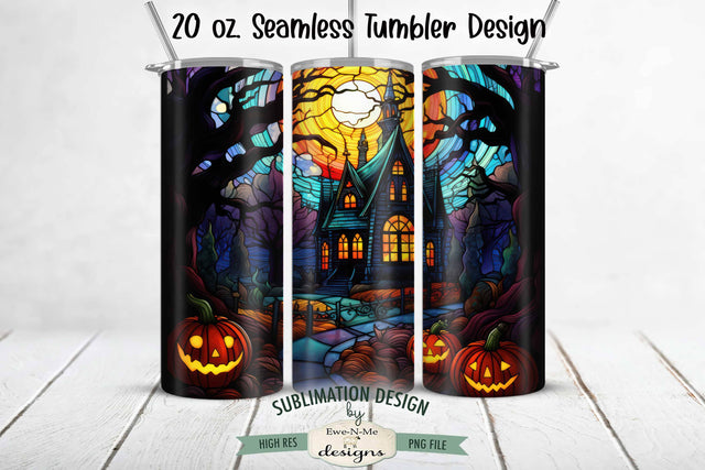 Halloween Haunted House Stained Glass 20 oz Seamless Tumbler Design Sublimation Ewe-N-Me Designs 