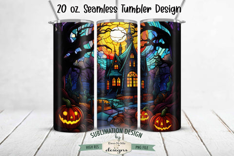 Halloween Haunted House Stained Glass 20 oz Seamless Tumbler Design Sublimation Ewe-N-Me Designs 