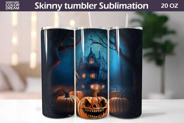 Halloween Haunted House Tumbler | Halloween Pumpkin Tumbler Sublimation WatercolorColorDream 