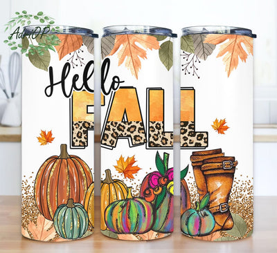 Halloween Hello Fall 20oz Skinny Tumbler Png, Autumn Design, Fall Leopard Png, Cute Funny, Halloween Tumbler Wrap, Fall Lover Gift Sublimation AdriOP 