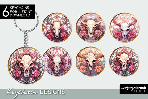 Halloween Keychain Bundle: Stained Glass Cow Skull PNG Sublimation OrangeBrushStudio 