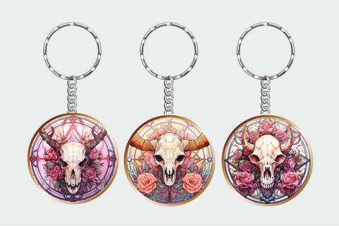 Halloween Keychain Bundle: Stained Glass Cow Skull PNG Sublimation OrangeBrushStudio 