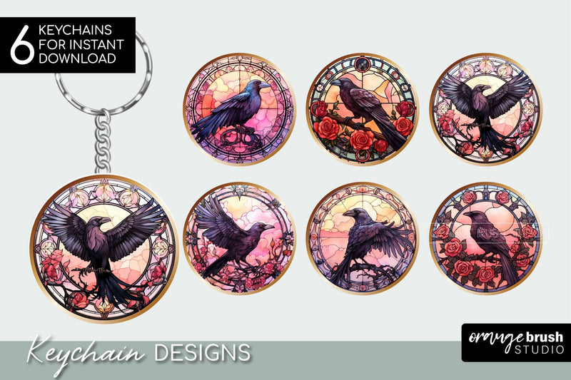 Halloween Keychain Bundle: Stained Glass Style, Crow PNG Sublimation OrangeBrushStudio 