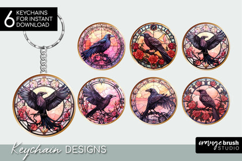 Halloween Keychain Bundle: Stained Glass Style, Crow PNG Sublimation OrangeBrushStudio 