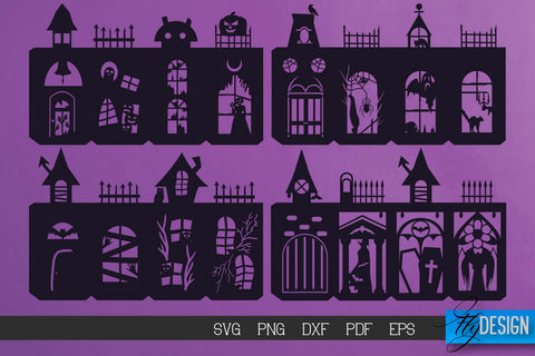 Halloween Lantern SVG Bundle | Paper Cut SVG | Haunted House SVG Fly Design 