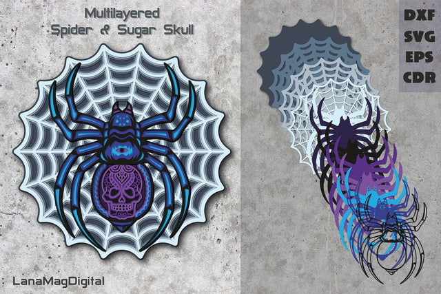 Halloween Layered Spider svg Sugar skull Spider shadow box 3D Paper LanaMagDigital 