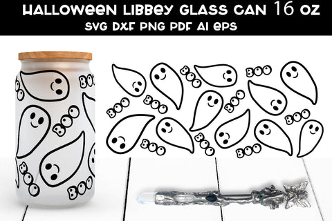 Halloween Libbey Glass Can SVG. Ghost Glass Can Wrap SVG. SVG Samaha Design 