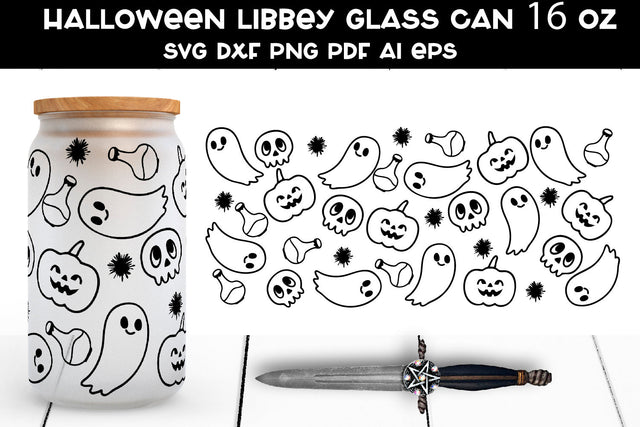 Halloween Libbey Glass Can SVG. Ghost Glass Can Wrap SVG. SVG Samaha Design 
