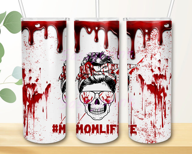Halloween Messy Bun Hair Tumbler Blood Mom Skull 20oz Skinny Tumble Sublimation Designs Straight Tapered PNG File Digital Download Sublimation sassyprint 
