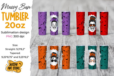 Halloween Messy Bun tumbler sublimation wrap bundle.4 design Sublimation Yustaf Art Store 