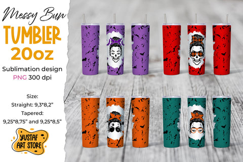 Halloween Messy Bun tumbler sublimation wrap bundle.4 design Sublimation Yustaf Art Store 