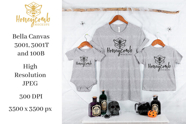 Halloween Mommy and Me Mockup, Bella Canvas 3001, Bella Canvas 3001T, Bella Canvas 100B, Family Mockup, Bella Canvas Athletic Heather, Matching Mockup, Kids Mockup Mock Up Photo Honeycomb Mockups 