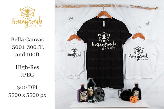 Halloween Mommy and Me Mockup, Bella Canvas 3001 Black, 3001T White, 100B White, Matching Family Mockup, Kids Mockup, Halloween Mockup Mock Up Photo Honeycomb Mockups 