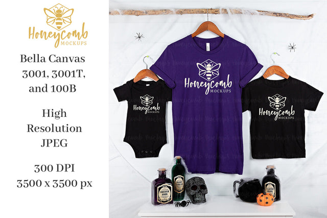 Halloween Mommy and Me Mockup, Bella Canvas 3001 Purple, 3001T Black, 100B Black, Kids Mockup, Matching Family Mockup, Halloween Mockup Mock Up Photo Honeycomb Mockups 