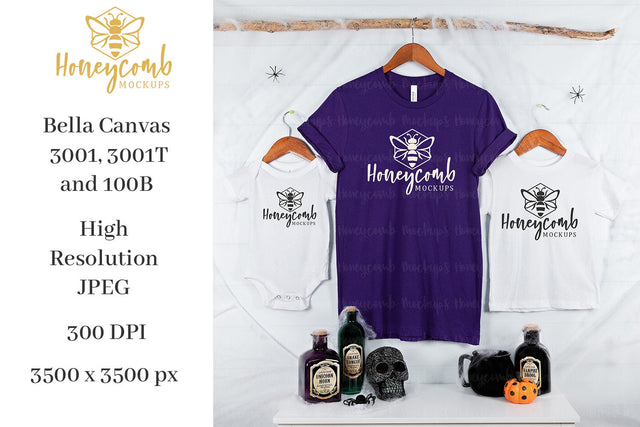 Halloween Mommy and Me Mockup, Bella Canvas 3001 Purple, Bella Canvas 3001T White, Bella Canvas 100B White, Family Mockup, Halloween Mockup, Kids Mockup Mock Up Photo Honeycomb Mockups 