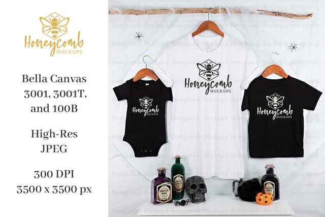 Halloween Mommy and Me Mockup, Bella Canvas 3001 White, 3001T Black, 100B Black, Matching Family Mockup, Kids Mockup, Halloween Mockup Mock Up Photo Honeycomb Mockups 